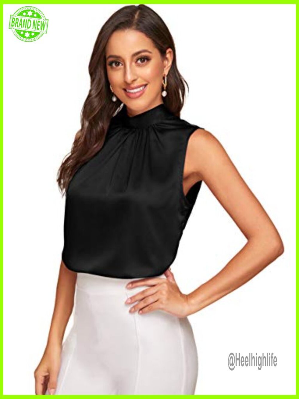 Elegant Sleeveless Satin Blouse with Tie Back and Pleated Mock Neck - Picture 4 of 5